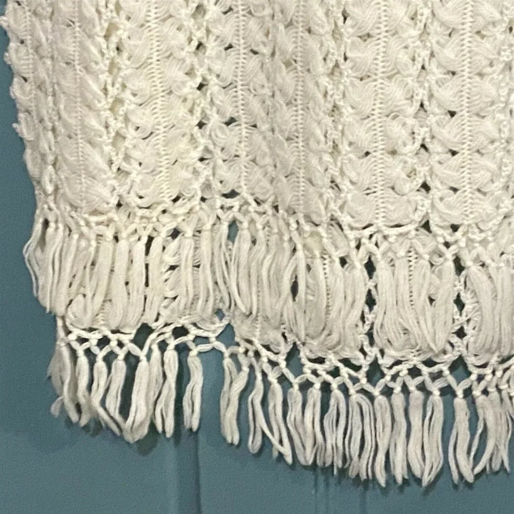 Vintage Lacey Shawl Wrap With Fringe Acrylic Openwork Pattern